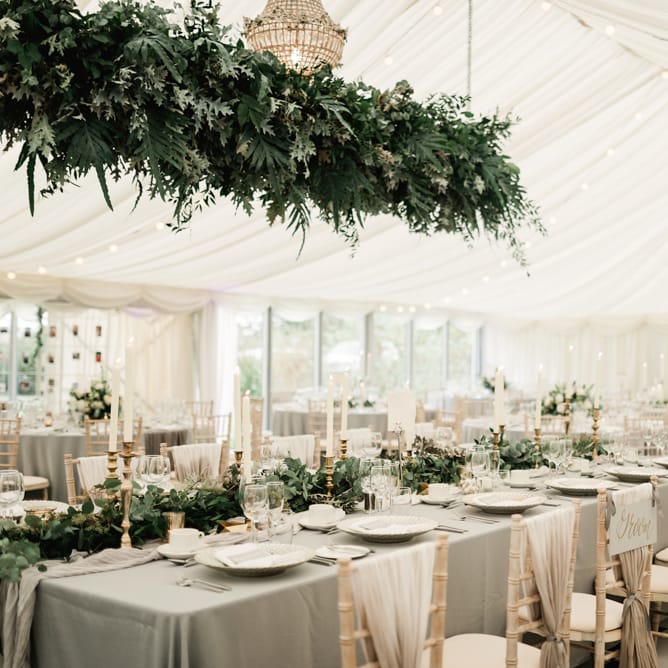 Greenery Hanging installation | Elegant Grey, Green Marquee Wedding at Tullyveery House N. Ireland with Decor &amp; Styling by Mood Events | The Lou's Photography | Soul &amp; Rise Film