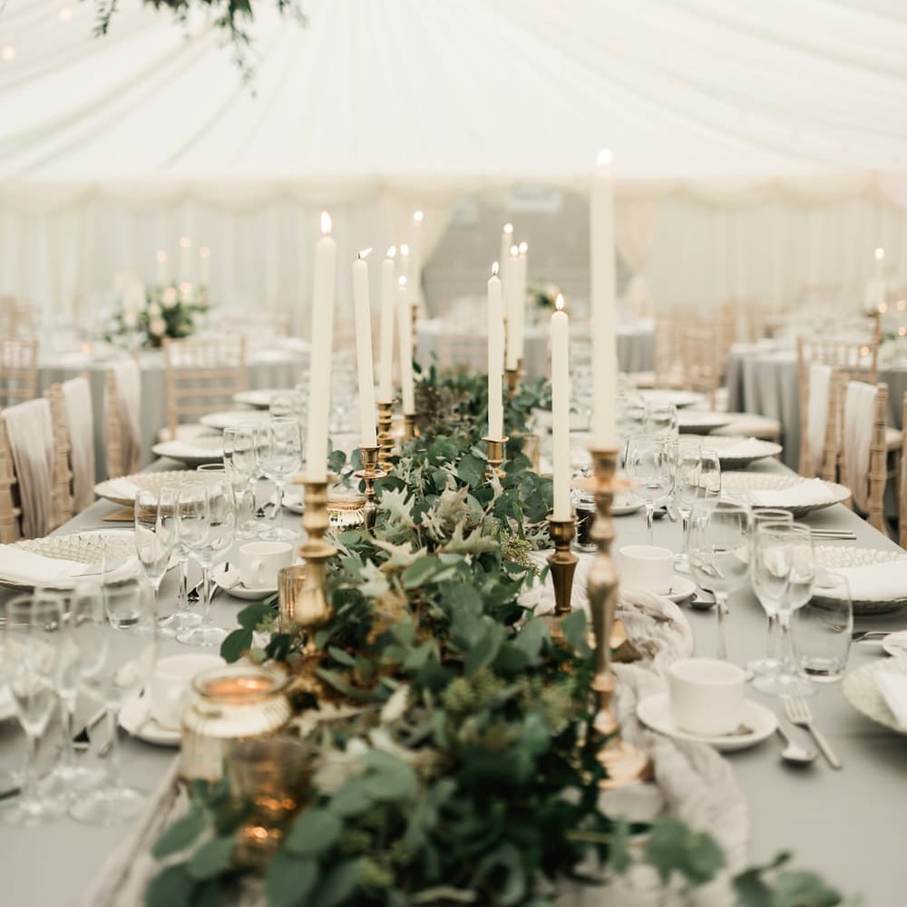 Gold Candle Sticks &amp; Taper Candles Wedding Decor | Elegant Grey, Green, White &amp; Gold Black Tie, Marquee Wedding at Tullyveery House N. Ireland with Decor &amp; Styling by Mood Events | The Lou's Photography | Soul &amp; Rise Film