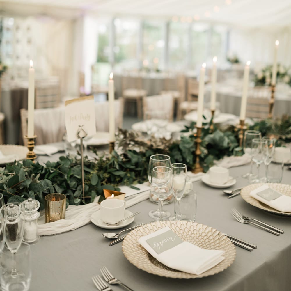 Elegant Place Setting | Greenery Table Runner | Wedding Decor | Elegant Grey, Green, White &amp; Gold Black Tie, Marquee Wedding at Tullyveery House N. Ireland with Decor &amp; Styling by Mood Events | The Lou's Photography | Soul &amp; Rise Film