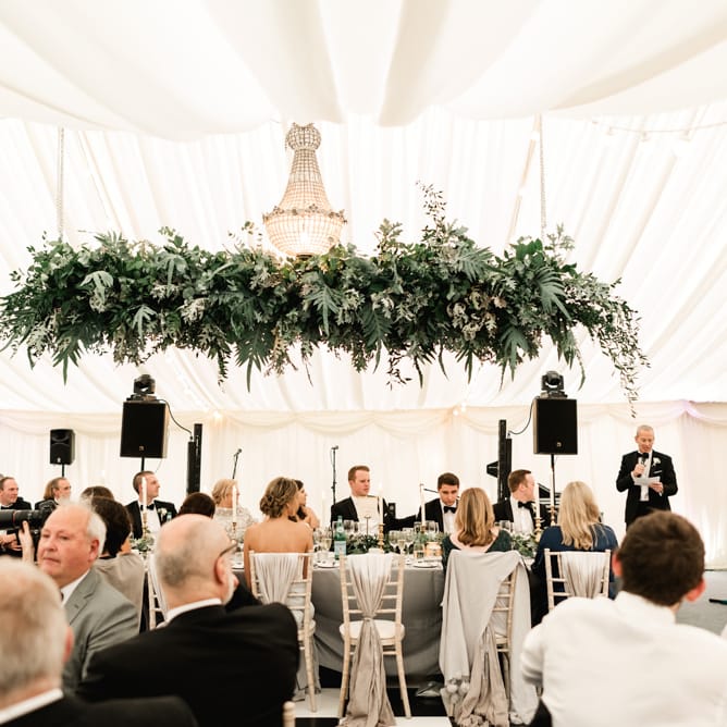 Greenery Hanging installation | Elegant Grey, Green Marquee Wedding at Tullyveery House N. Ireland with Decor &amp; Styling by Mood Events | The Lou's Photography | Soul &amp; Rise Film