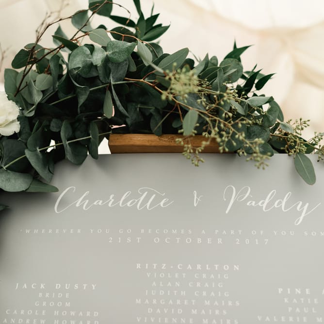 Grey Table Plan with Greenery Garland | Elegant Grey, Green Marquee Wedding at Tullyveery House N. Ireland with Decor &amp; Styling by Mood Events | The Lou's Photography | Soul &amp; Rise Film