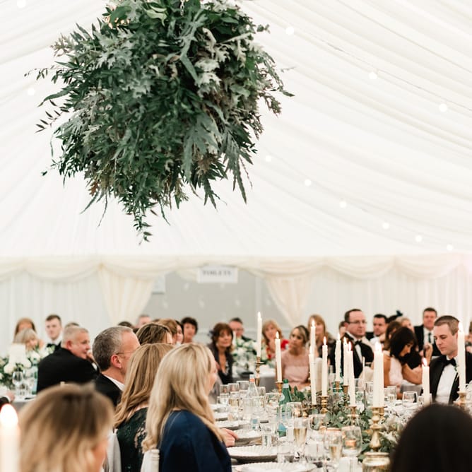 Greenery Hanging installation | Elegant Grey, Green Marquee Wedding at Tullyveery House N. Ireland with Decor &amp; Styling by Mood Events | The Lou's Photography | Soul &amp; Rise Film