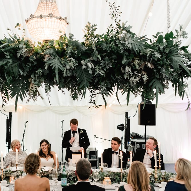 Greenery Hanging installation | Elegant Grey, Green Marquee Wedding at Tullyveery House N. Ireland with Decor &amp; Styling by Mood Events | The Lou's Photography | Soul &amp; Rise Film