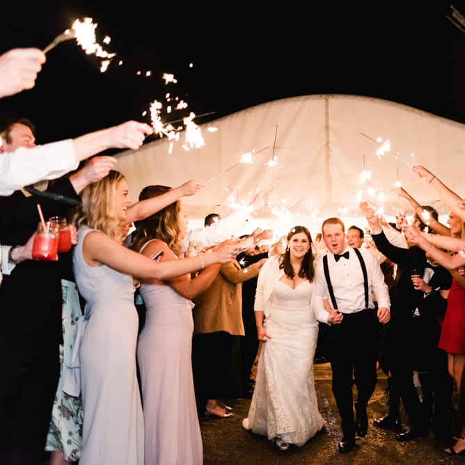 Sparkler Moment | Bride in Badgley Mischka  Lace Bridal Gown | Groom in Black Tie | Elegant Grey, Green, White &amp; Gold Black Tie, Marquee Wedding at Tullyveery House N. Ireland with Decor &amp; Styling by Mood Events | The Lou's Photography | Soul &amp; Rise Film