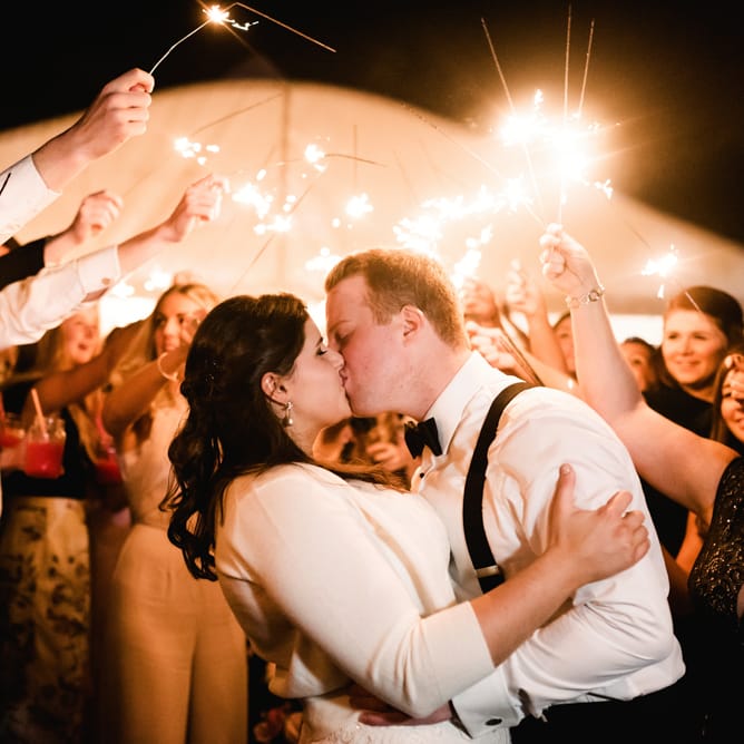 Sparkler Moment | Bride in Badgley Mischka  Lace Bridal Gown | Groom in Black Tie | Elegant Grey, Green, White &amp; Gold Black Tie, Marquee Wedding at Tullyveery House N. Ireland with Decor &amp; Styling by Mood Events | The Lou's Photography | Soul &amp; Rise Film
