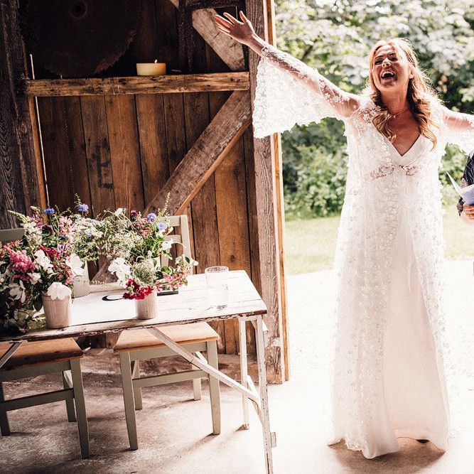 Bride arrives at wedding ceremony at Nancarrow Farm