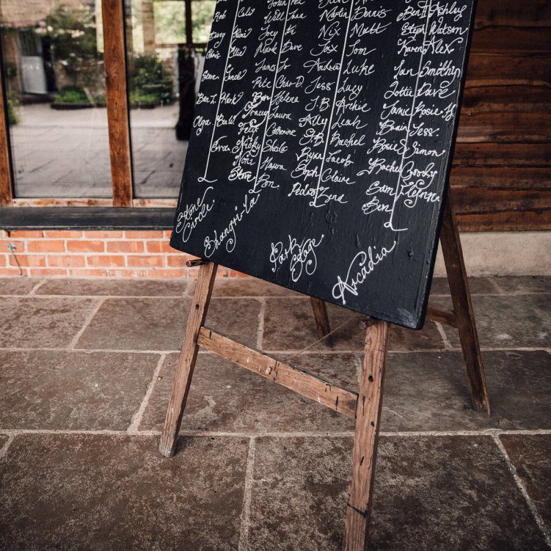 Chalkboard seating chart at Nancarrow Farm venue in Cornwall