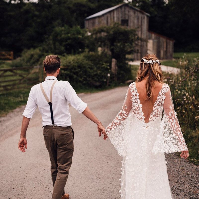 Low back appliqué wedding dress for bride