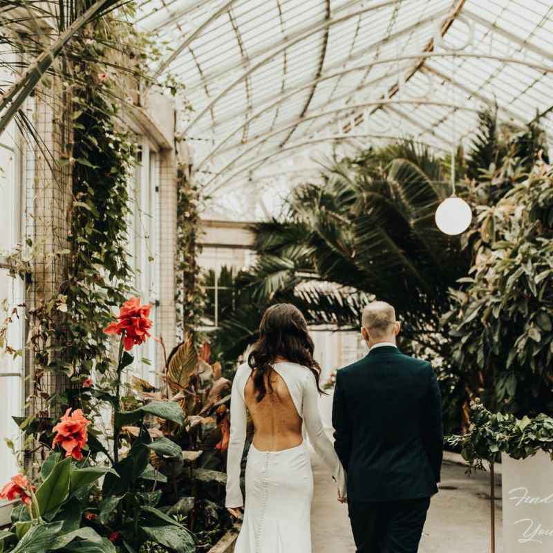 Bride in Backless Homemade Wedding Dress in Tropical Orangery