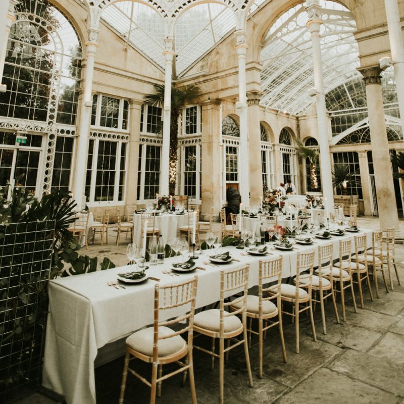 Long Wedding Reception Decor Under Orangery Dome