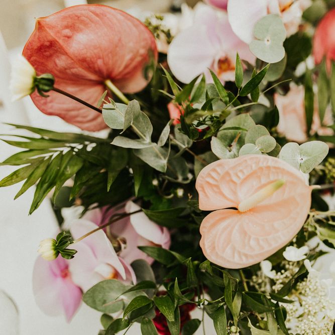 Tropical Plant Wedding Flower Centrepiece with Lillies