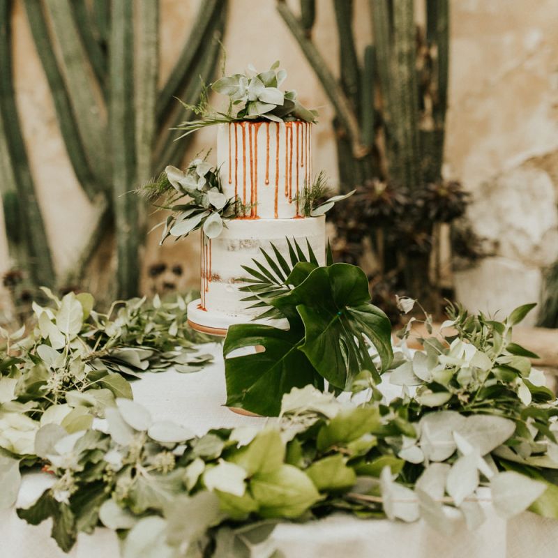 Two Tier Semi Naked Wedding Cake with Drip Decor and Greenery Backdrop