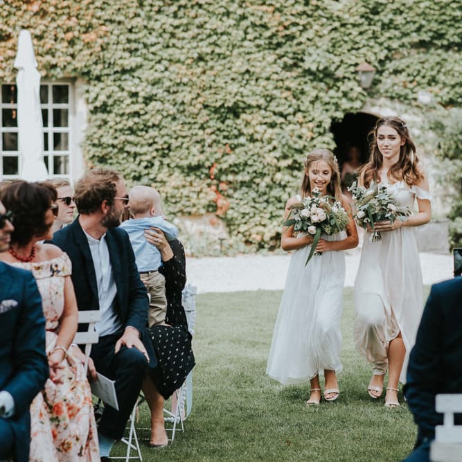 Bridesmaids In White Dresses With Rustic Organic Feel Oversized Bouquets