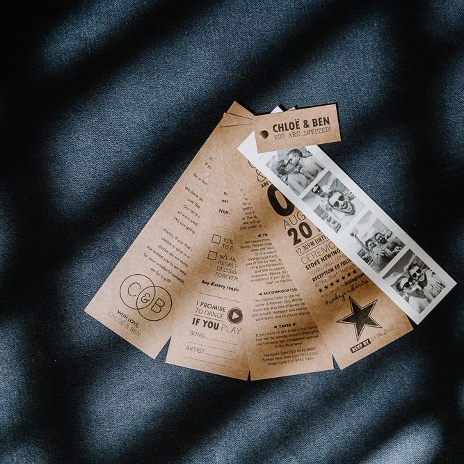 Kraft Paper Wedding Invitation in Fan Design with Polaroid Pictures | Floral Arch and Bride in Batwing Sleeve Halfpenny Dress for London Pub Wedding | Caitlin + Jones