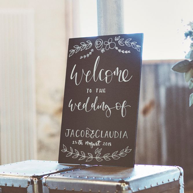 Chalkboard Welcome Sign | Lace Bridal Cape Veil &amp; Fishtail Wedding Dress by Pronovias | On Love and Photography