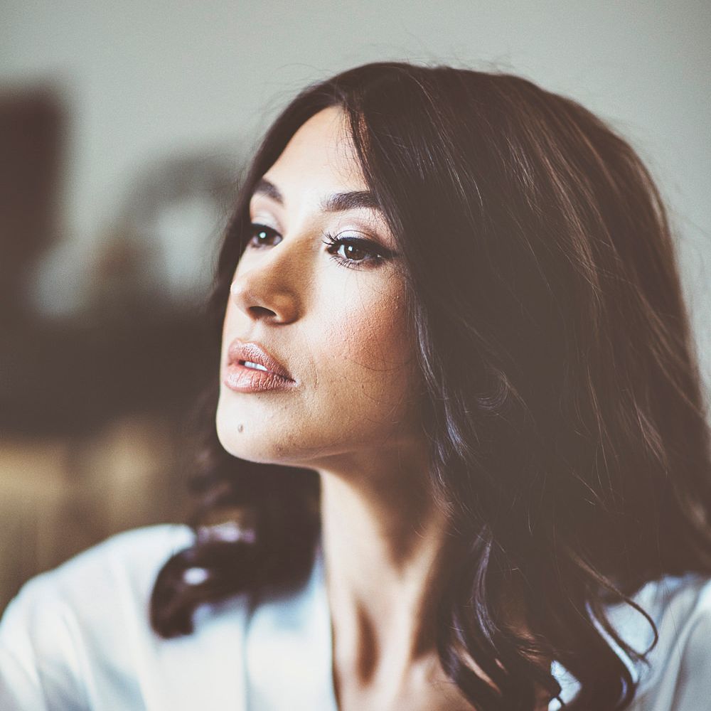 Wedding Make Up | Bride Wearing Hair Down | White Getting Ready Robe | Lace Bridal Cape Veil &amp; Fishtail Wedding Dress by Pronovias | On Love and Photography