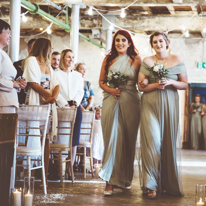 Wedding Ceremony at Holmes Mill | Bridesmaids in Fossil Green Multiway Dresses | Festoon Lights | Pillar Candles | Aisle Petals | Lace Bridal Cape Veil &amp; Fishtail Wedding Dress by Pronovias | On Love and Photography