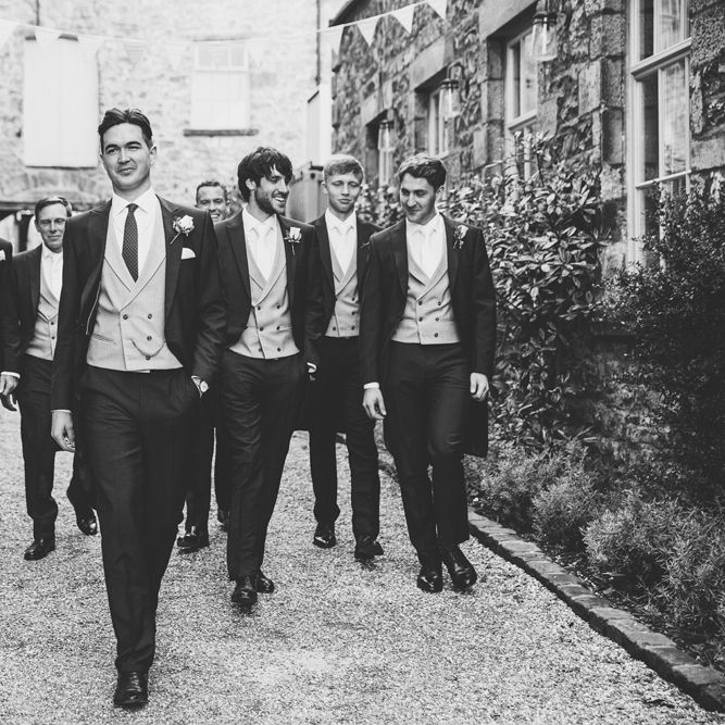 Groom and Groomsmen in Navy Tails and Grey Waistcoats | Lace Bridal Cape Veil &amp; Fishtail Wedding Dress by Pronovias | On Love and Photography