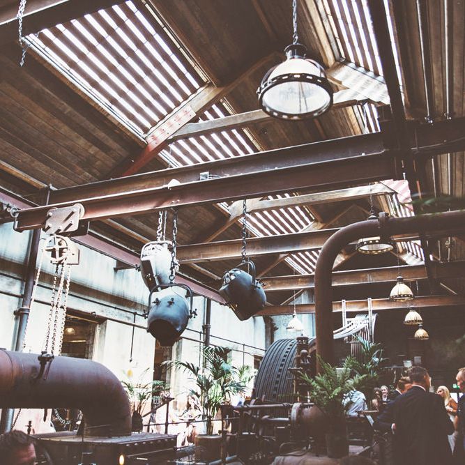 Holmes Mill Wedding Venue | Industrial Beer House Venue with Copper Pipes and Hanging Lamps | Lace Bridal Cape Veil &amp; Fishtail Wedding Dress by Pronovias | On Love and Photography