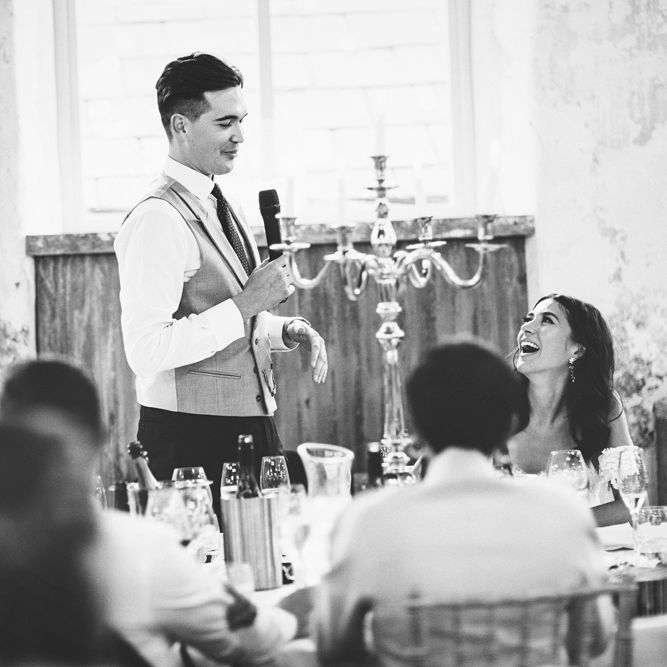 Groom's Speech | Groom in Navy Tails and Grey Waistcoat | Gold Candleabra with White Tapered Candles | Lace Bridal Cape Veil &amp; Fishtail Wedding Dress by Pronovias | On Love and Photography