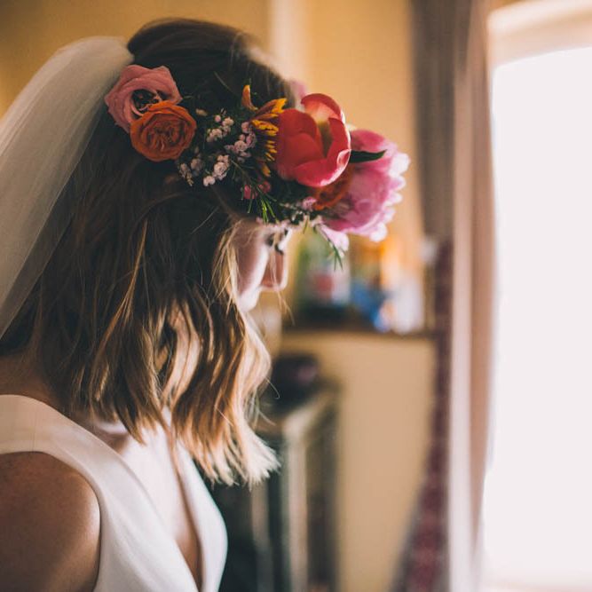 Flower Crown For Bride With Pink And Orange Tones