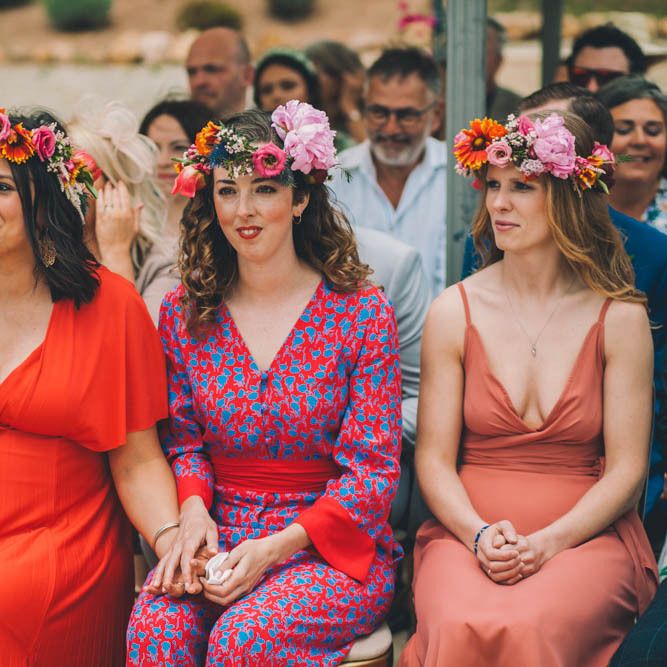 Bridesmaids Each Wear A Flower Crown For Ceremony