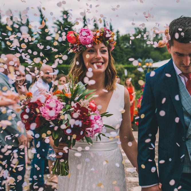 Confetti Exit For Bride and Groom With Peony Bouquet and Flower Crown For Bride