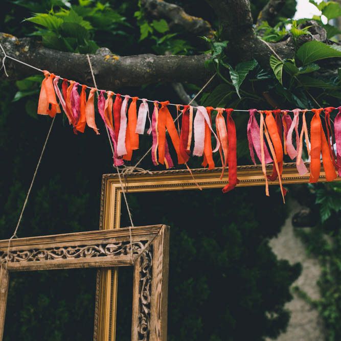 Ribbon Bunting In Orange and Pinks To Match Flower Crown For Wedding