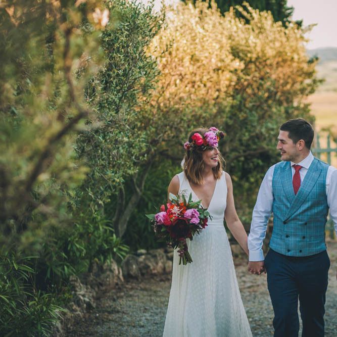 Bride Carries Peony Bouquet and Wears Flower Crown For Bride