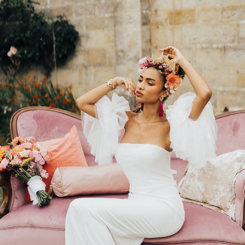 Tulle arm detail fro off the shoulder wedding dress