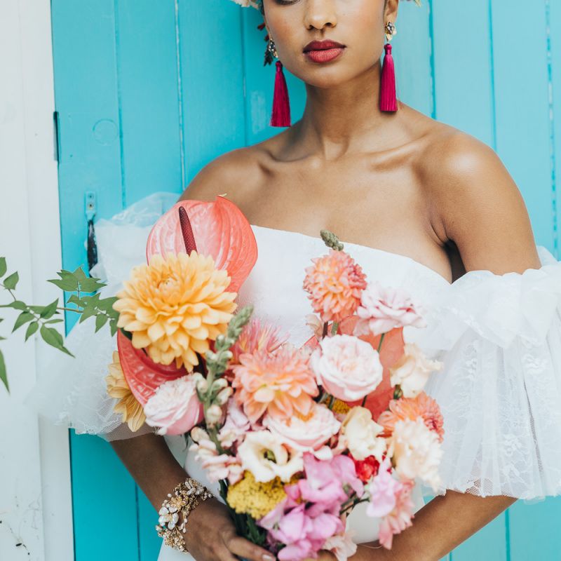 Colourful wedding flower crown and bridal bouquet