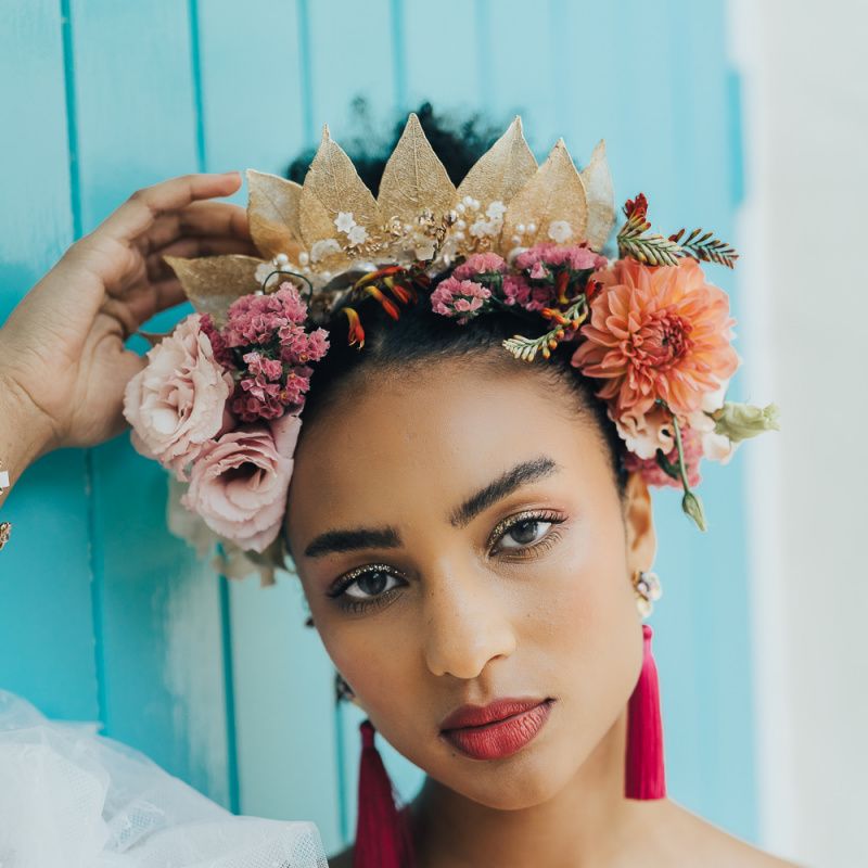 Gold leaf and flower headdress bridal accessory