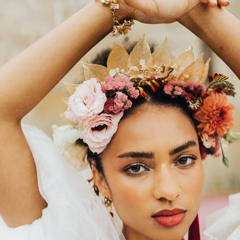 bridal makeup and floral crown
