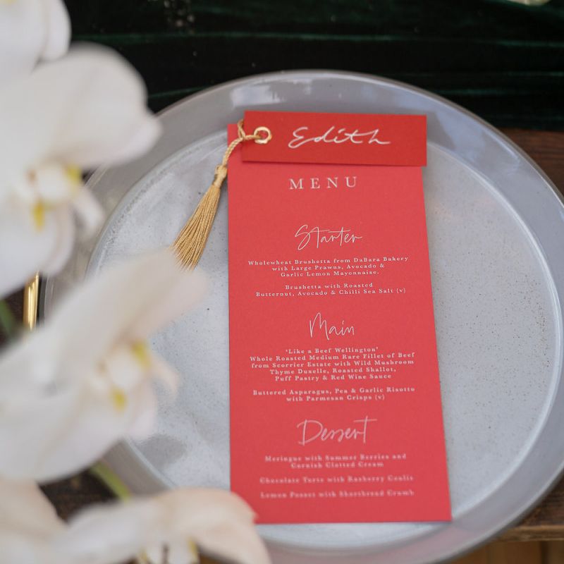 Menu card with tassel detail by Aimee Willow Designs
