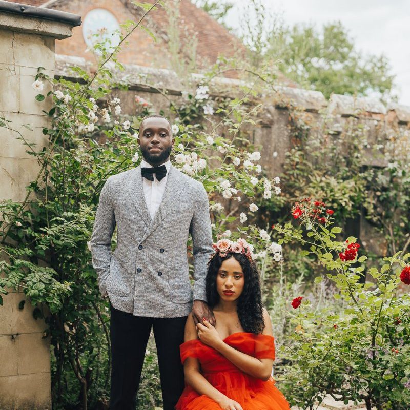Bride and groom portrait in the gardens at Chiddingstone Castle
