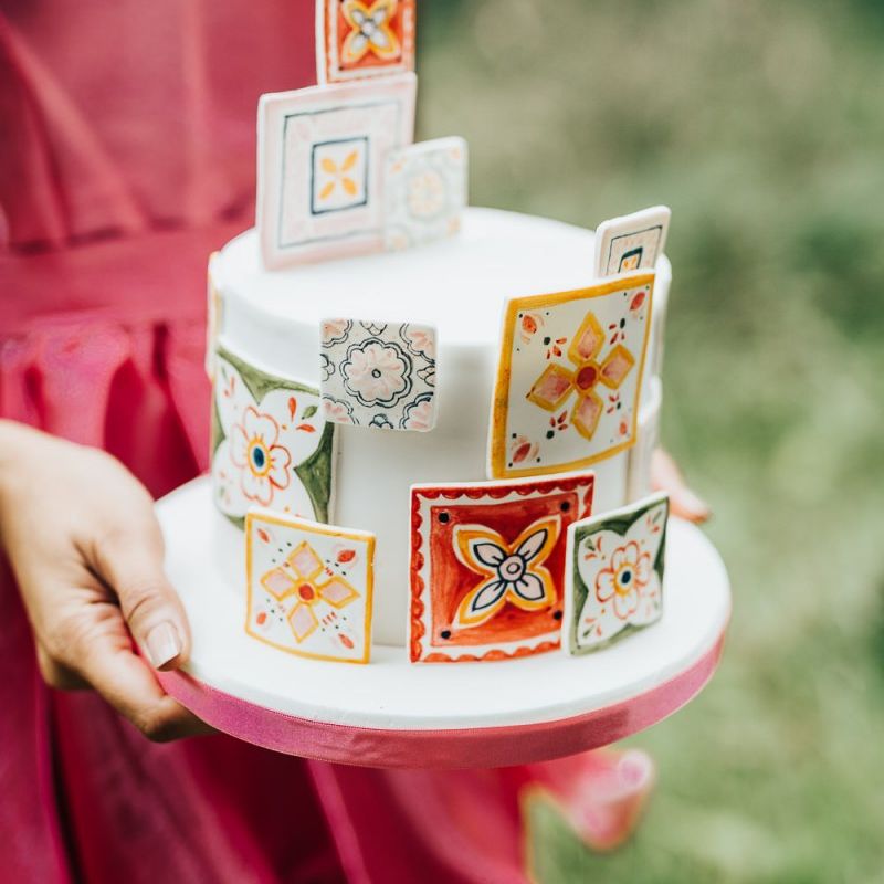 wedding cake with colourful tile motif