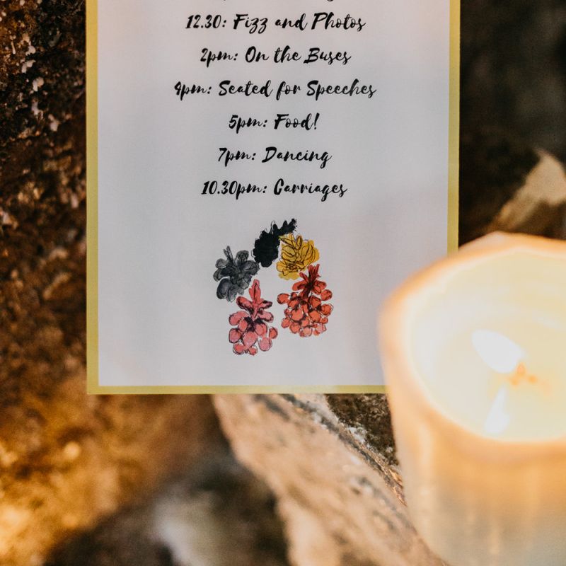 Stationary for London celebration with colourful pine cone wedding decor