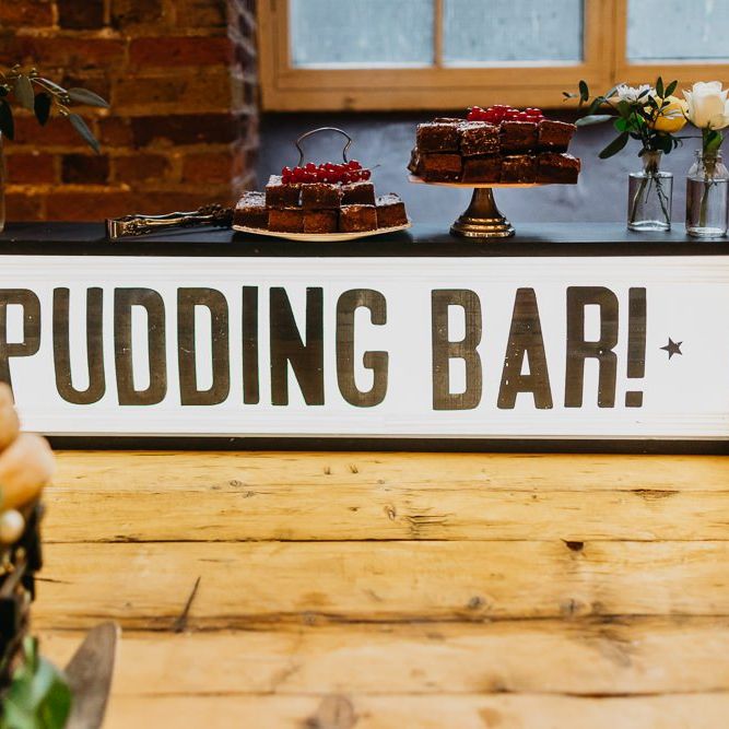 Pudding bar sign at bright and colourful kitsch wedding