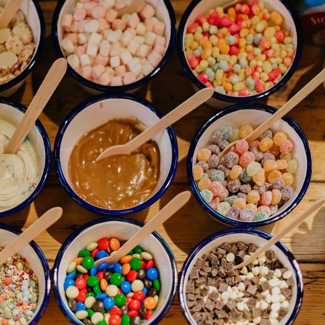 Pudding bar DIY treats at bright and eclectic celebration in London