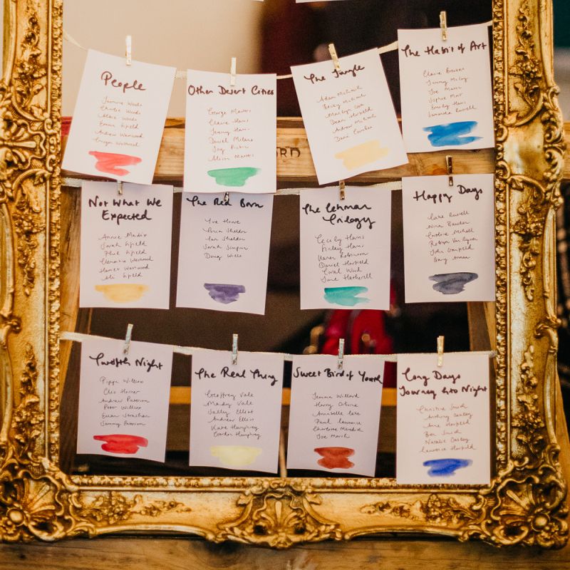 Mirror table plan with handmade colourful signs and pine cone wedding decor