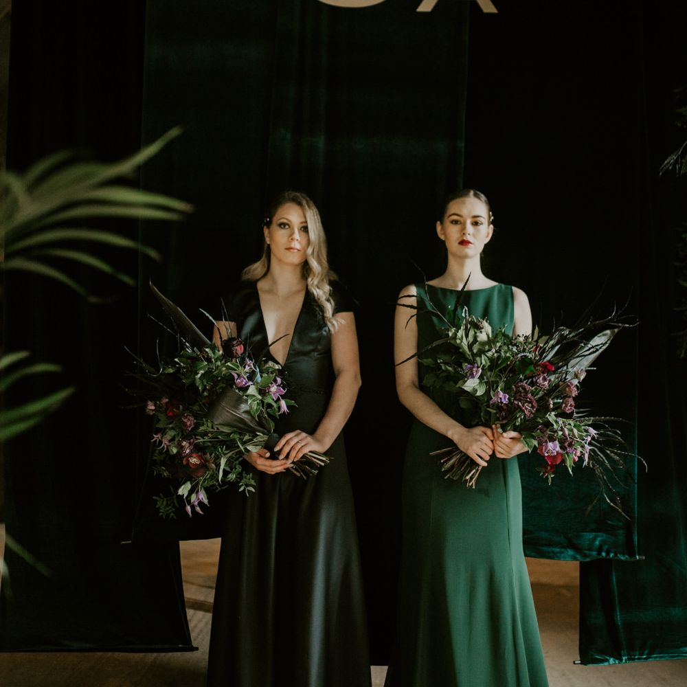 Forest Green Bridesmaid Dresses | Forest Green and Black Dark Decadence Wedding Inspiration in a Rustic Barn Planned &amp; Styled by Knots &amp; Kisses with Images by Daze of Glory Photography