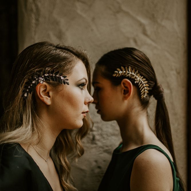 The Lucky Sixpence Hair Accessories | Forest Green and Black Dark Decadence Wedding Inspiration in a Rustic Barn Planned &amp; Styled by Knots &amp; Kisses with Images by Daze of Glory Photography