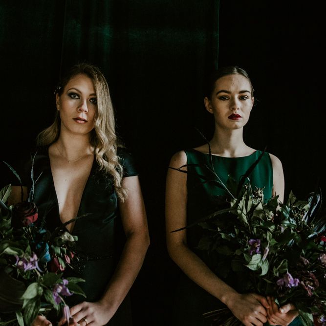 Forest Green Bridesmaid Dresses | Forest Green and Black Dark Decadence Wedding Inspiration in a Rustic Barn Planned &amp; Styled by Knots &amp; Kisses with Images by Daze of Glory Photography