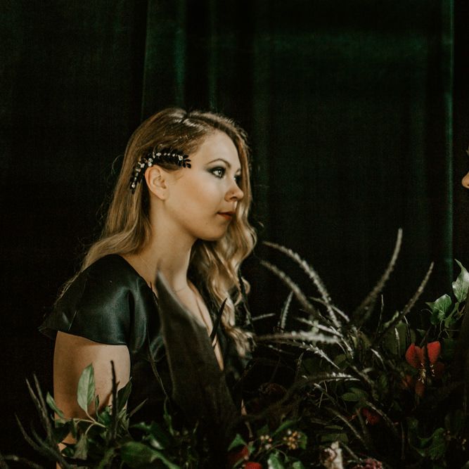 Forest Green Bridesmaid Dresses | Forest Green and Black Dark Decadence Wedding Inspiration in a Rustic Barn Planned &amp; Styled by Knots &amp; Kisses with Images by Daze of Glory Photography