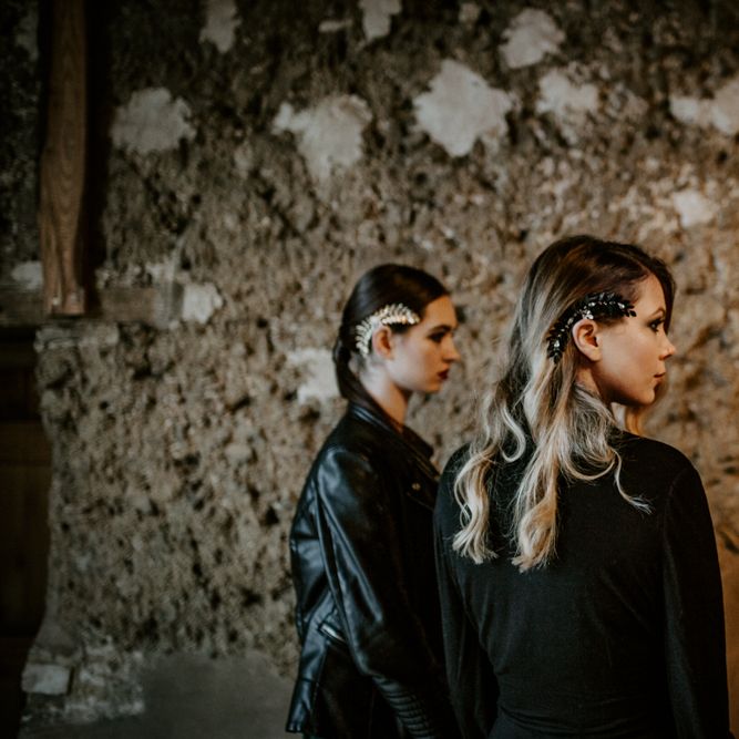 Bridesmaids in Leather Jackets &amp; The Lucky Sixpence Hair Accessories | Forest Green and Black Dark Decadence Wedding Inspiration in a Rustic Barn Planned &amp; Styled by Knots &amp; Kisses with Images by Daze of Glory Photography