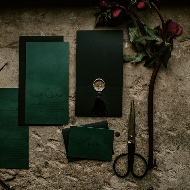 Luxury Forest Green Wedding Stationery with Wax Seal | Forest Green and Black Dark Decadence Wedding Inspiration in a Rustic Barn Planned &amp; Styled by Knots &amp; Kisses with Images by Daze of Glory Photography