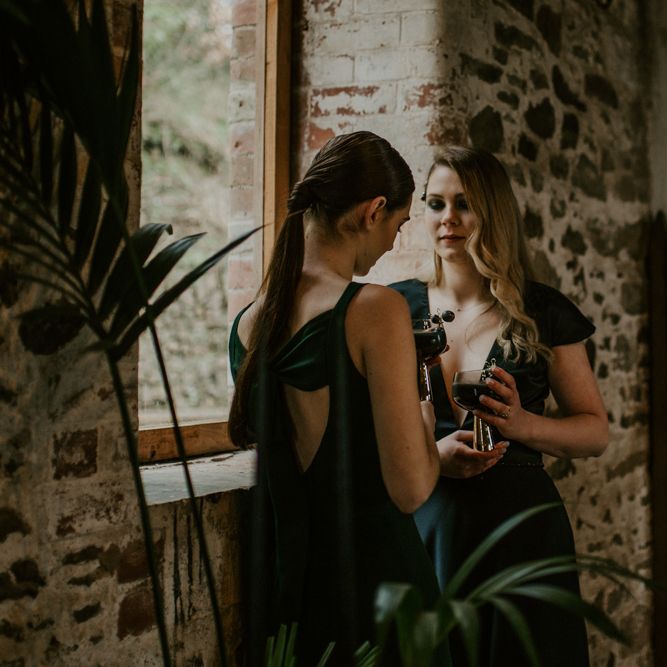 Forest Green Bridesmaid Dresses | Forest Green and Black Dark Decadence Wedding Inspiration in a Rustic Barn Planned &amp; Styled by Knots &amp; Kisses with Images by Daze of Glory Photography