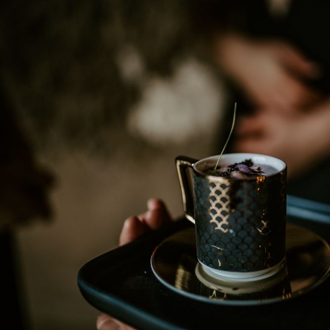Gold Design Expresso Cups | Forest Green and Black Dark Decadence Wedding Inspiration in a Rustic Barn Planned &amp; Styled by Knots &amp; Kisses with Images by Daze of Glory Photography