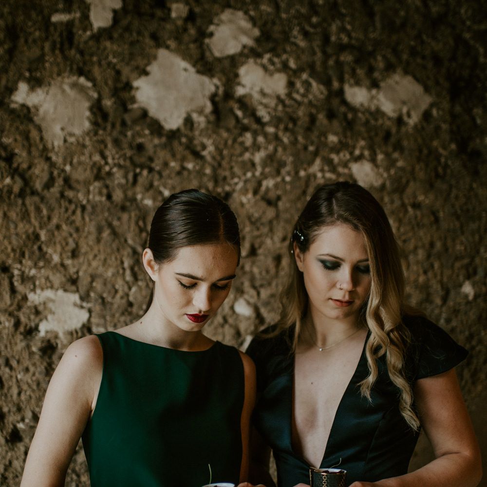 Forest Green Bridesmaid Dresses | Forest Green and Black Dark Decadence Wedding Inspiration in a Rustic Barn Planned &amp; Styled by Knots &amp; Kisses with Images by Daze of Glory Photography
