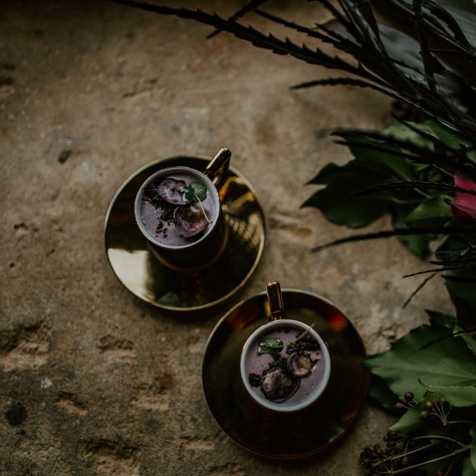 Gold Design Expresso Cups | Forest Green and Black Dark Decadence Wedding Inspiration in a Rustic Barn Planned &amp; Styled by Knots &amp; Kisses with Images by Daze of Glory Photography